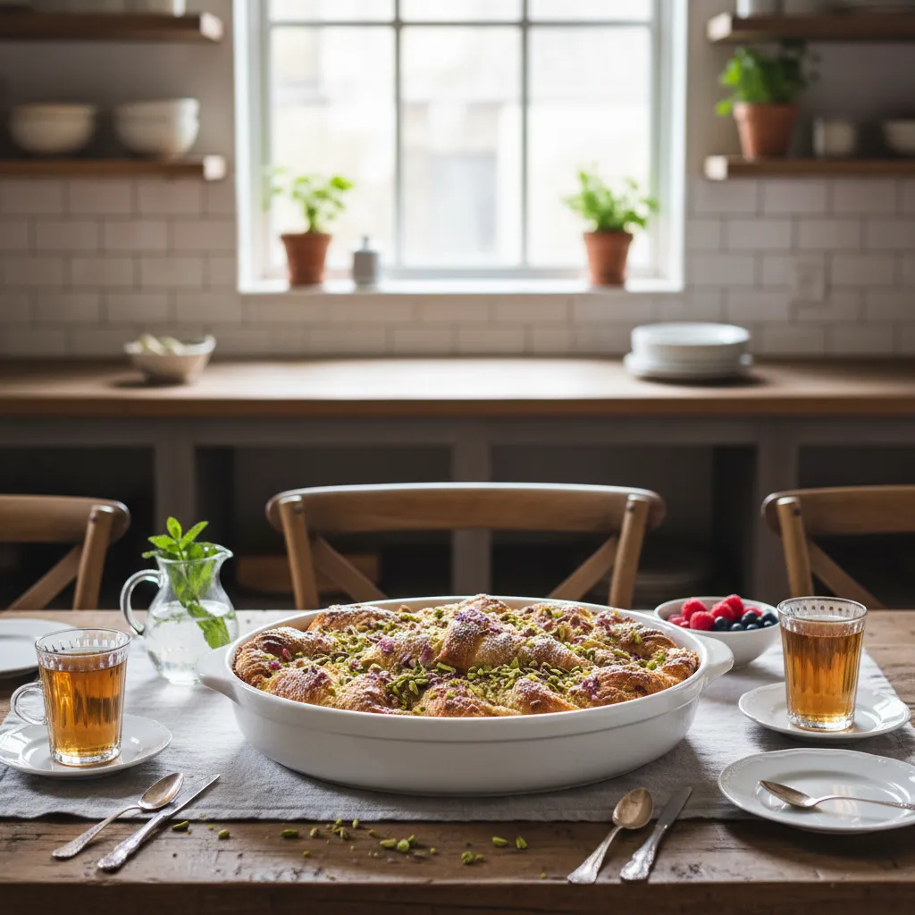 Golden baked croissant casserole topped with pistachios and rose petals on a styled breakfast table