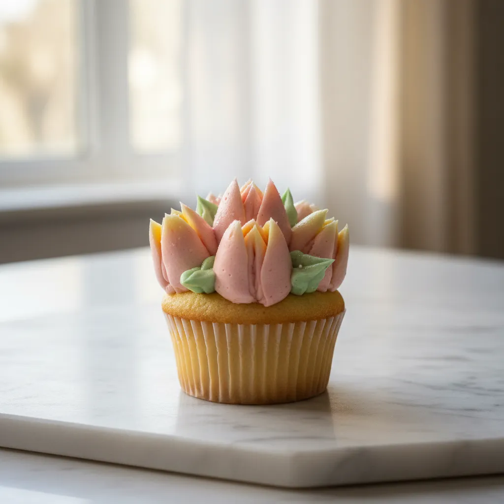 Tricolor buttercream tulip cupcakes on marble slab for spring decoration ideas