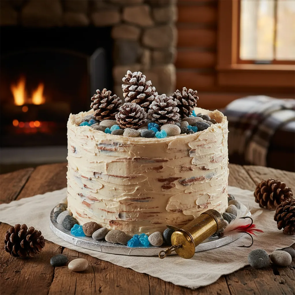 Close up of rustic cake decorations including edible stones and pinecones.