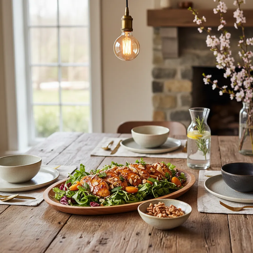 A rustic dining table featuring elegant spring decor and ambient lighting