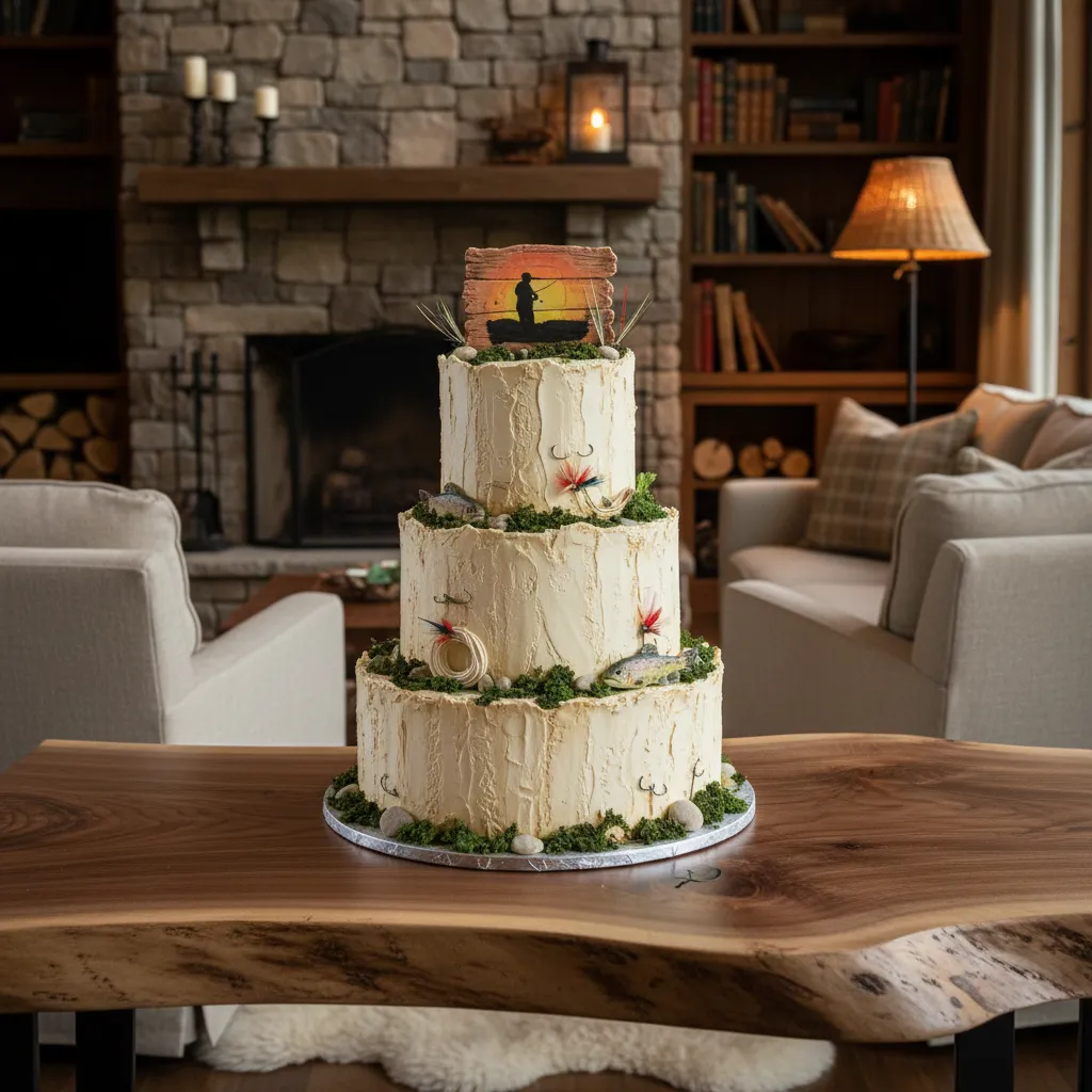 Tiered rustic fly fishing themed retirement cake on a wooden table.