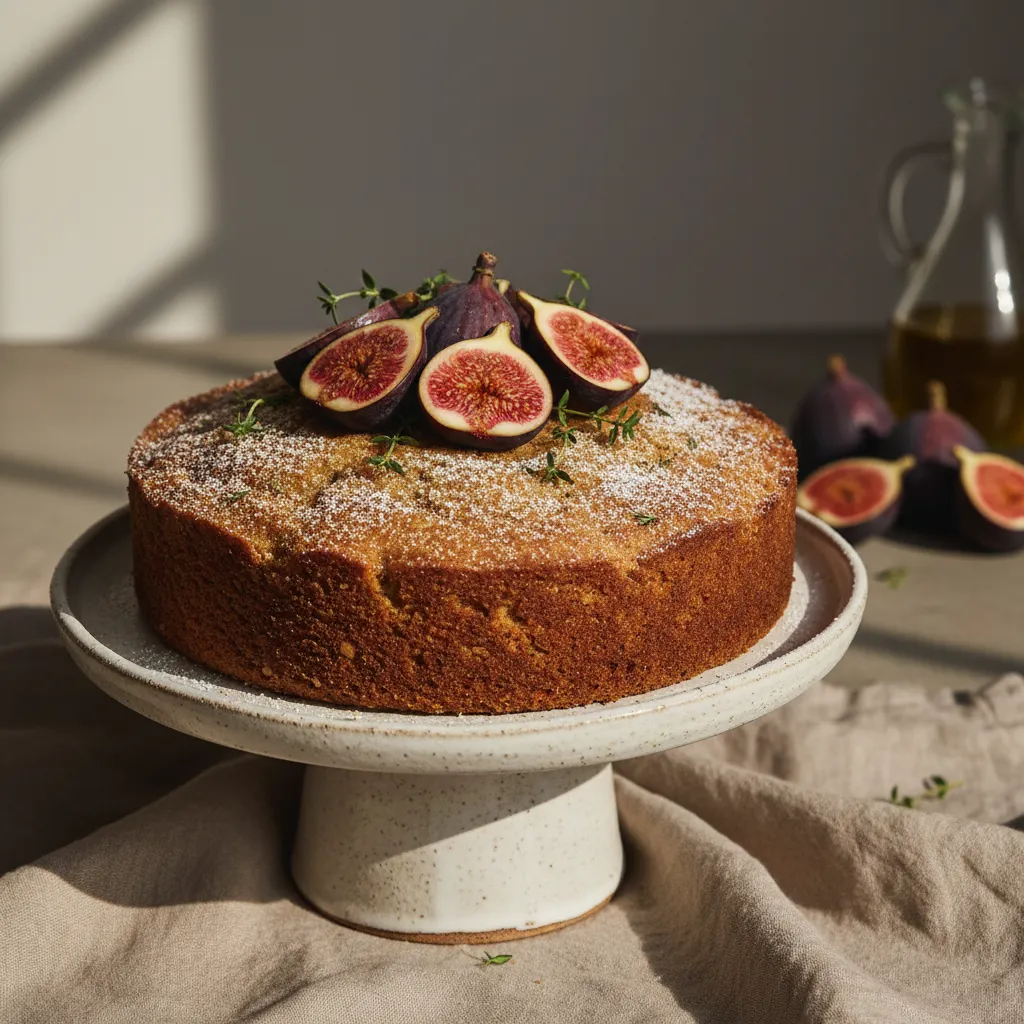 Olive oil cake topped with fresh figs and thyme on a ceramic stand