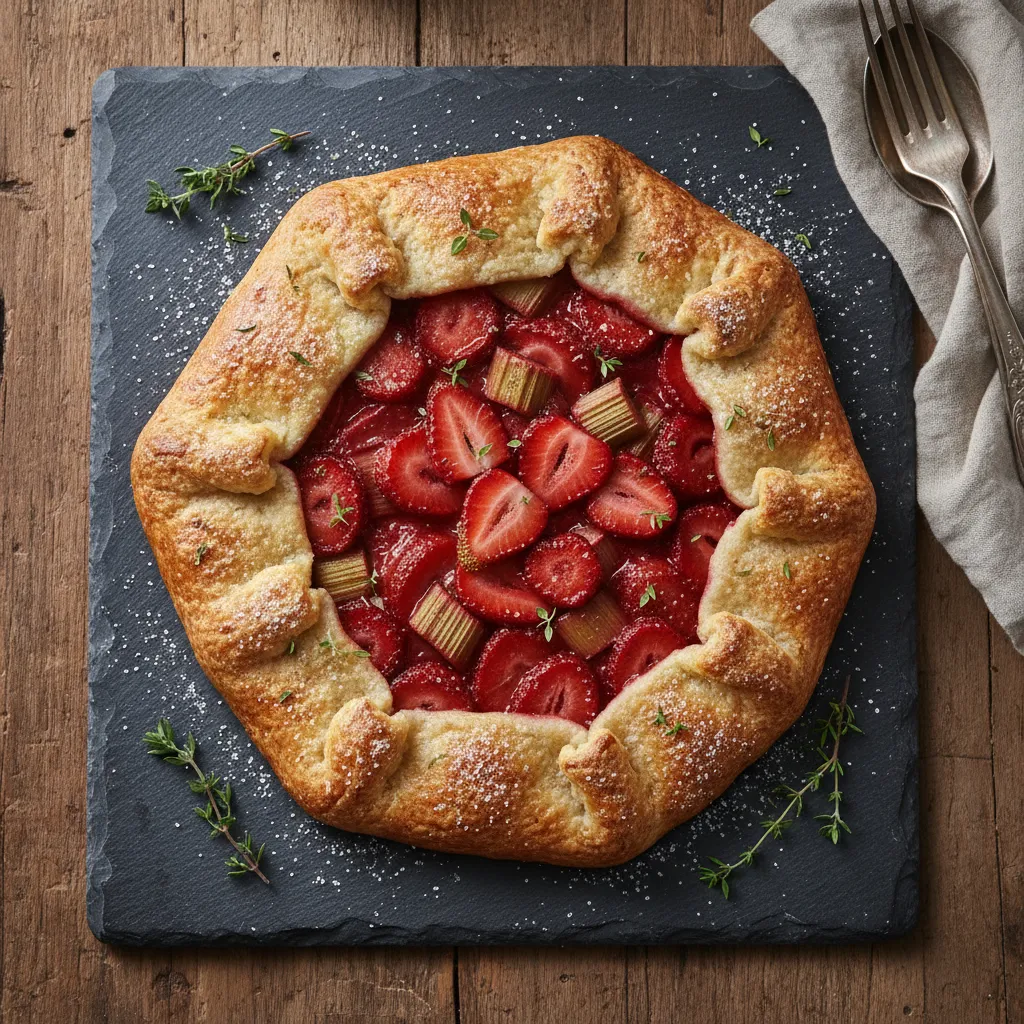 Rustic strawberry and rhubarb galette with fresh thyme on a slate platter