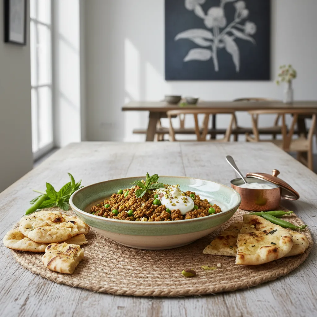 Elegant table setting featuring beef keema in a shallow ceramic bowl with naan