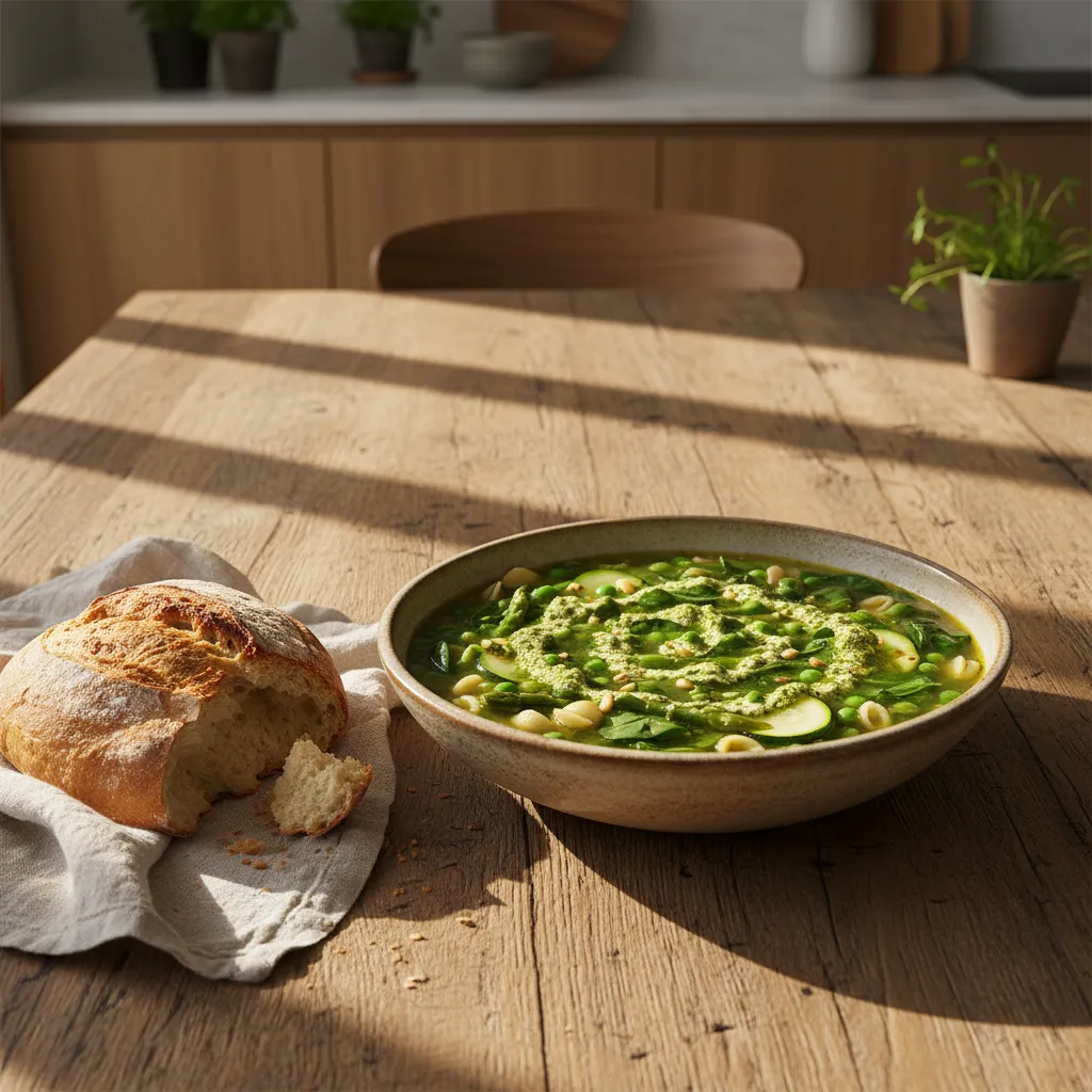 Stoneware bowl of green spring minestrone soup with pesto swirl on wood table