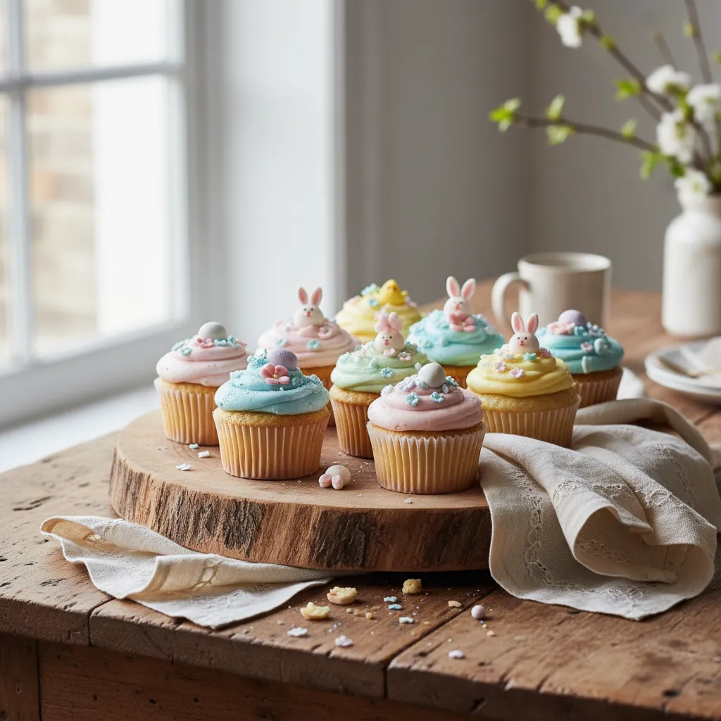 Pastel cupcakes displayed on a raw wood serving platter with linen napkins