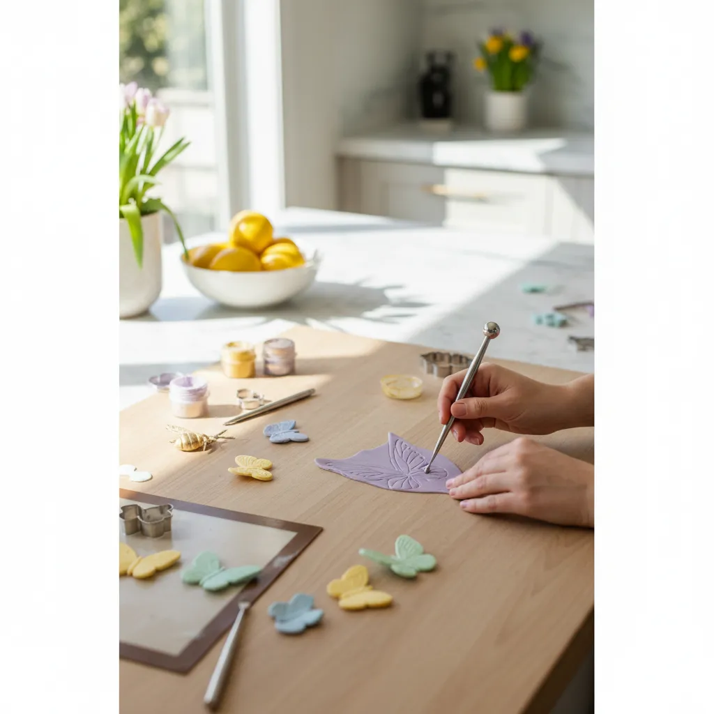 Detail of fondant tools texturing thin lavender gum paste for realistic butterfly wings