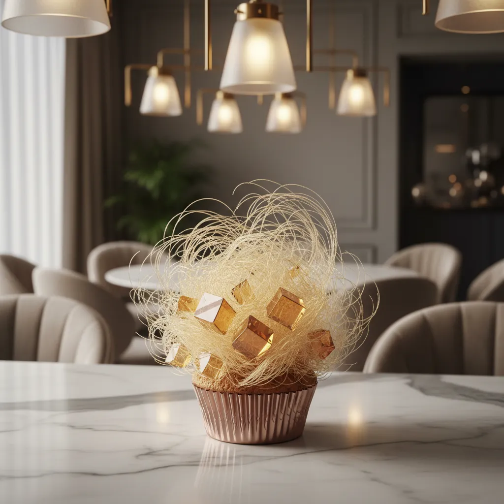A sophisticated birthday cupcake featuring architectural spun sugar and isomalt geometric designs on a marble stand