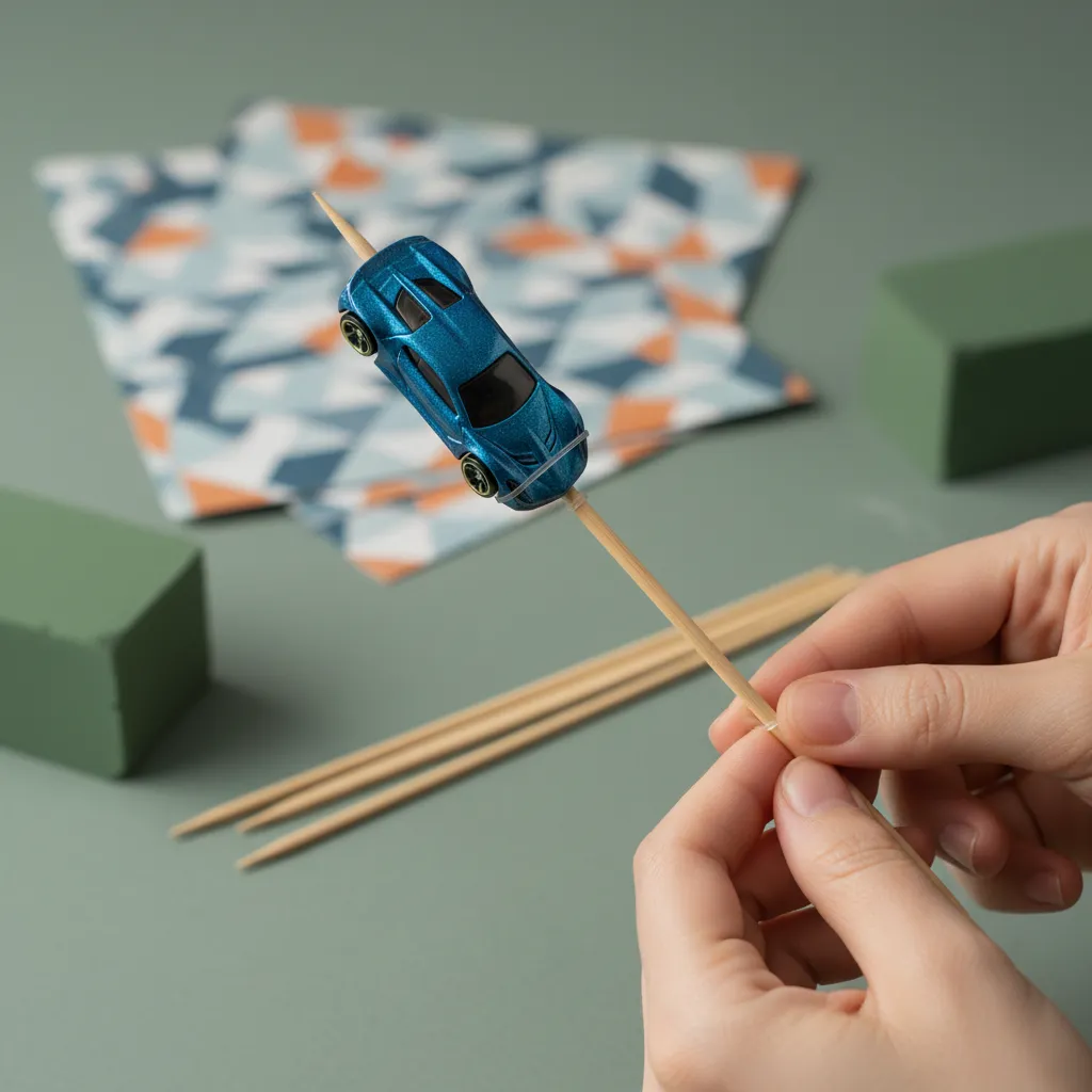 Close up of a toy car attached to a bamboo skewer