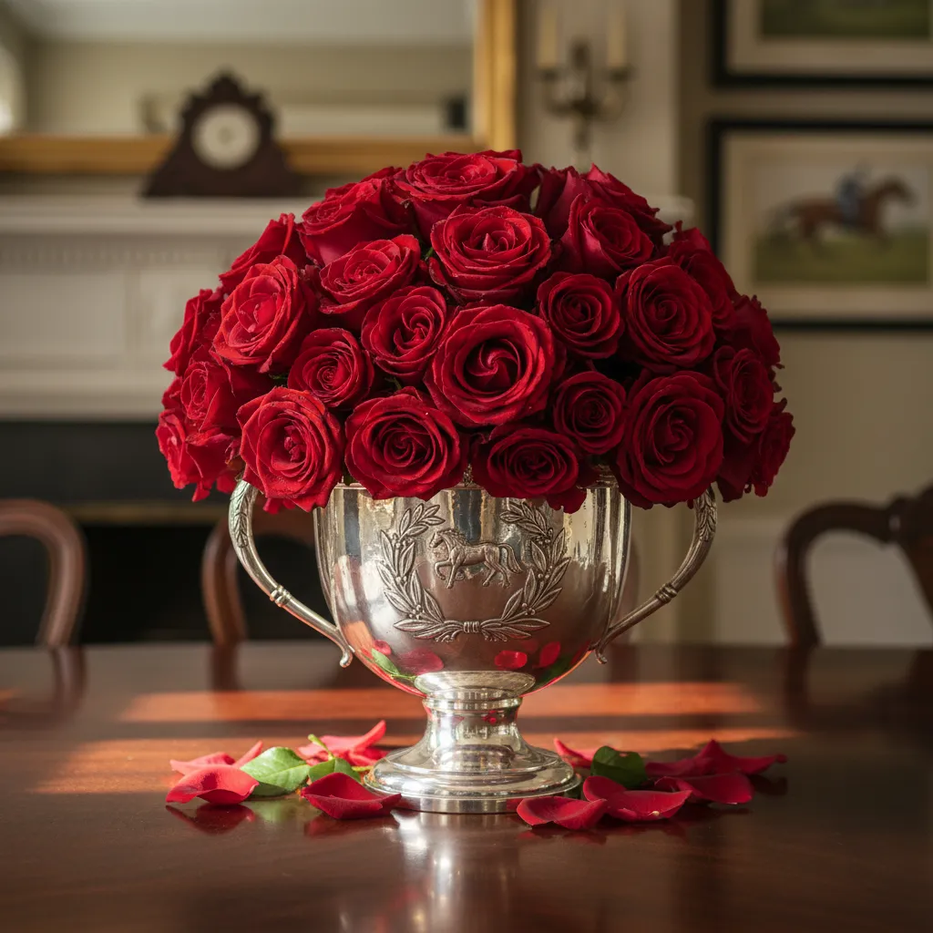 Vintage silver trophy used as a vase for red roses