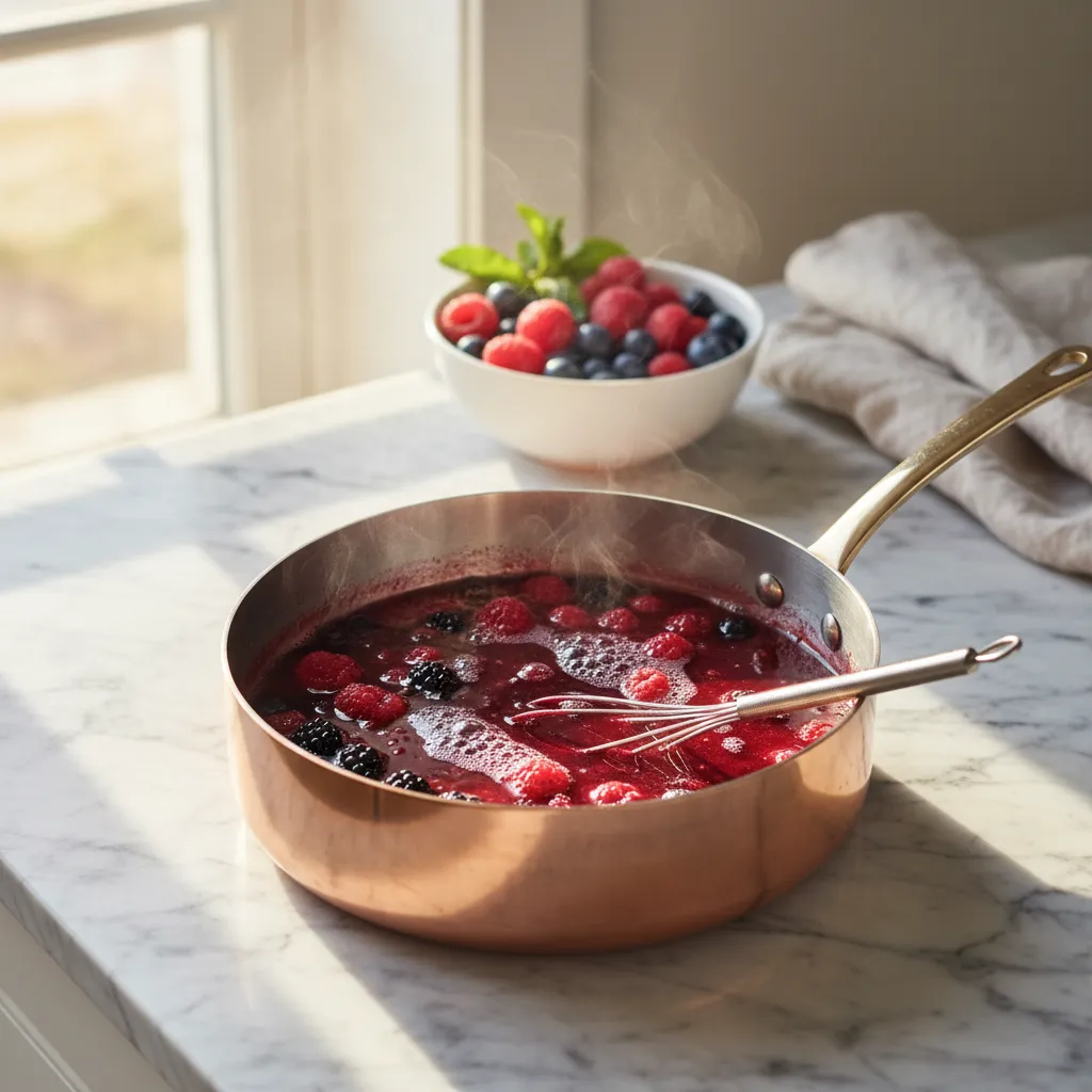 Fresh berry simple syrup simmering in a copper saucepan