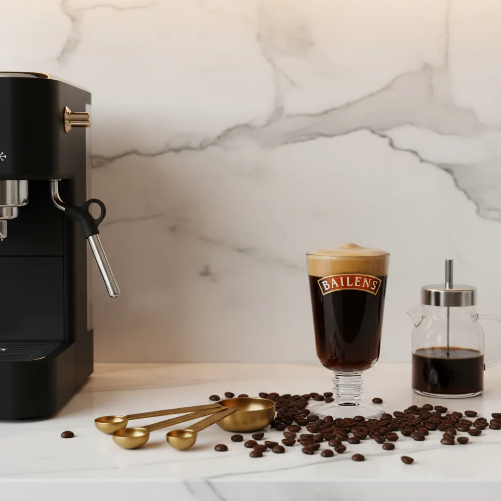 Marble coffee bar with brushed brass accessories and dark roast coffee beans