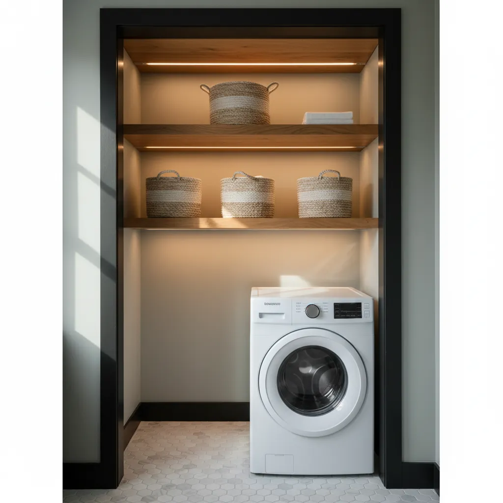 Oak shelving above a top loader washing machine in a well-lit closet layout