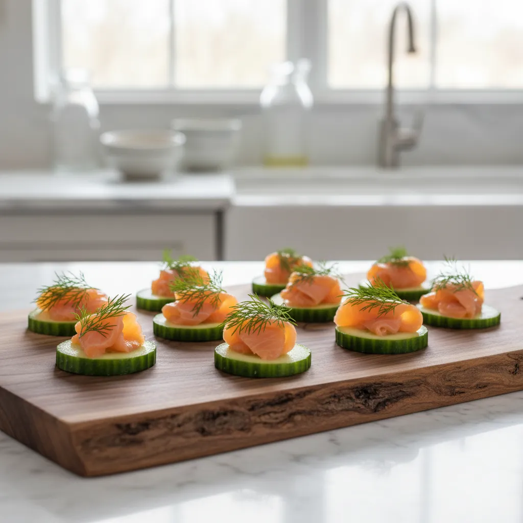 Smoked salmon and dill cucumber bites served on a raw wood tray in a modern kitchen