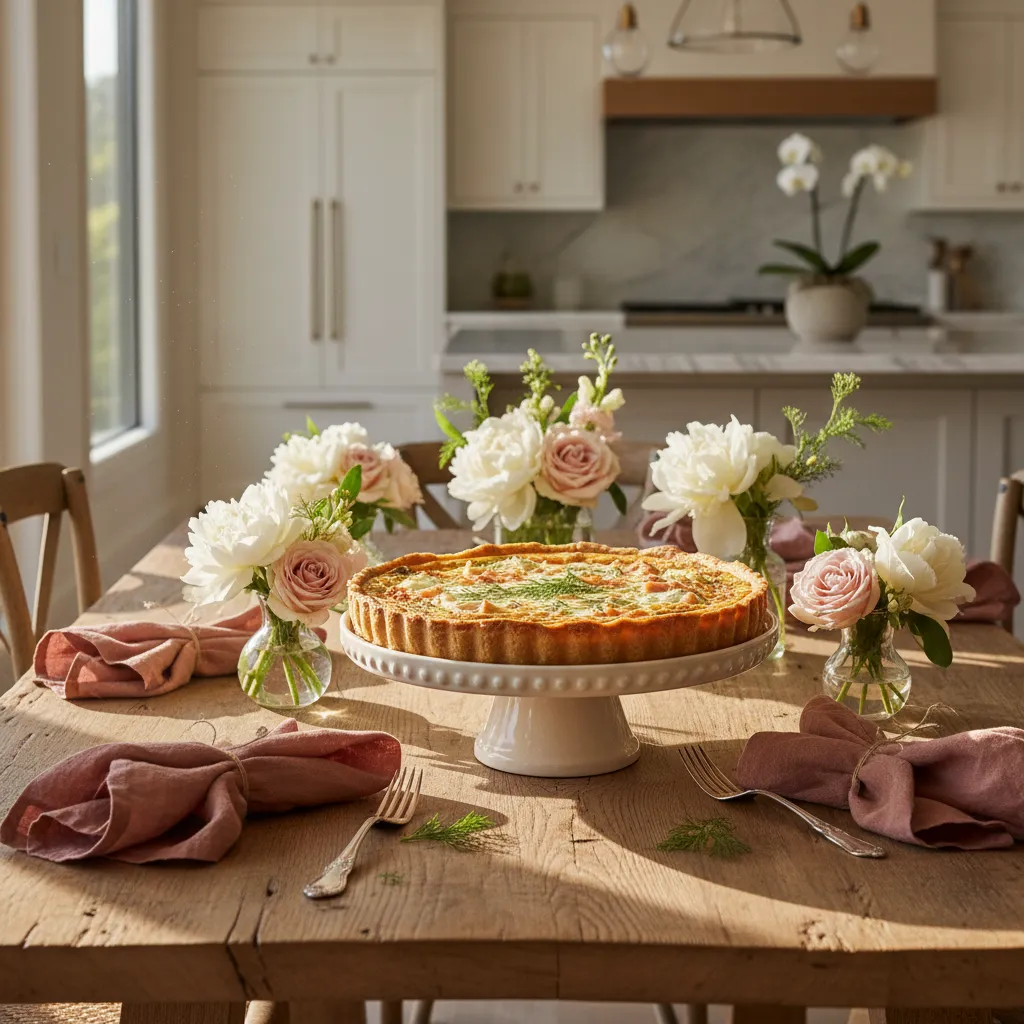 Elegant smoked salmon and dill quiche served on a rustic wooden dining table