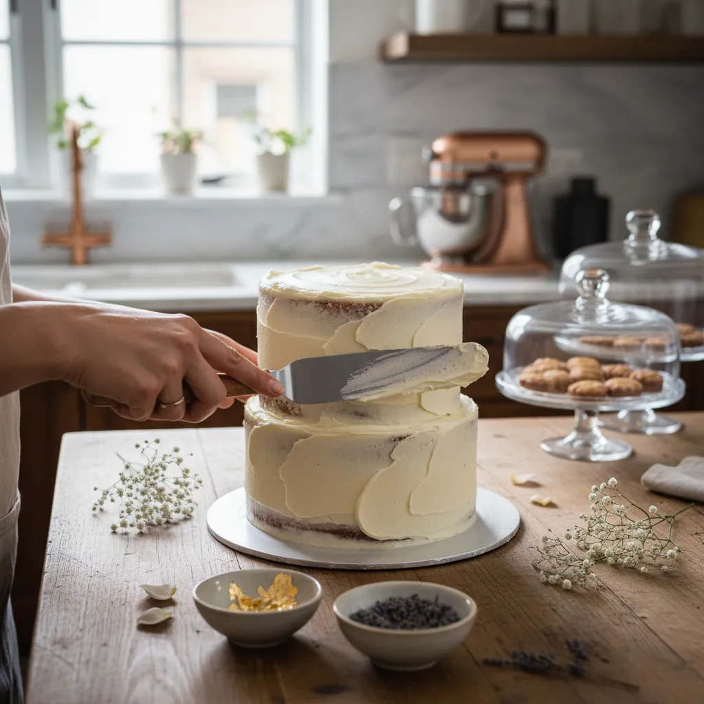 Baker smoothing swiss meringue buttercream on a layer cake with offset spatula