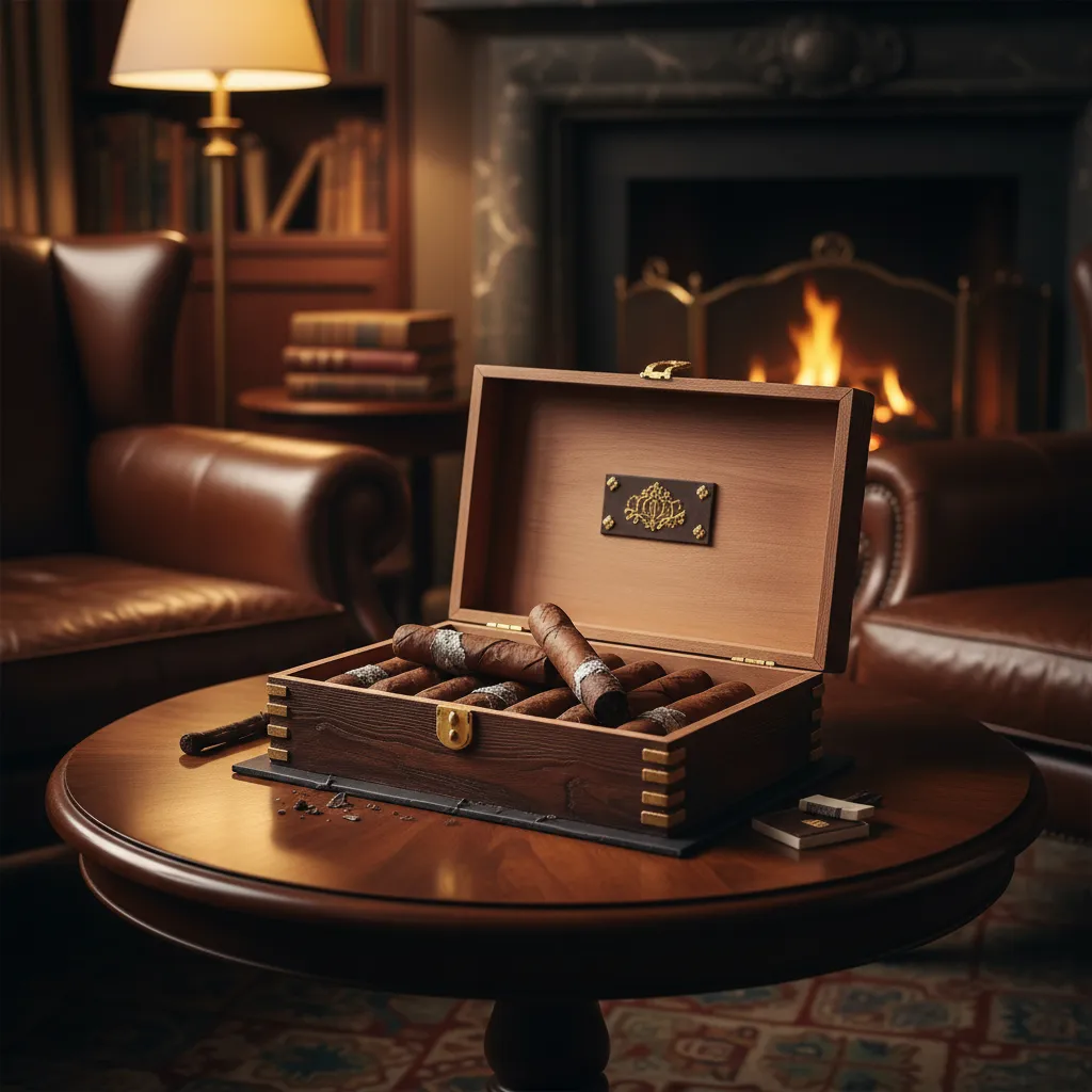 Realistic sculpted cigar box cake on a wooden table in a moody, masculine room