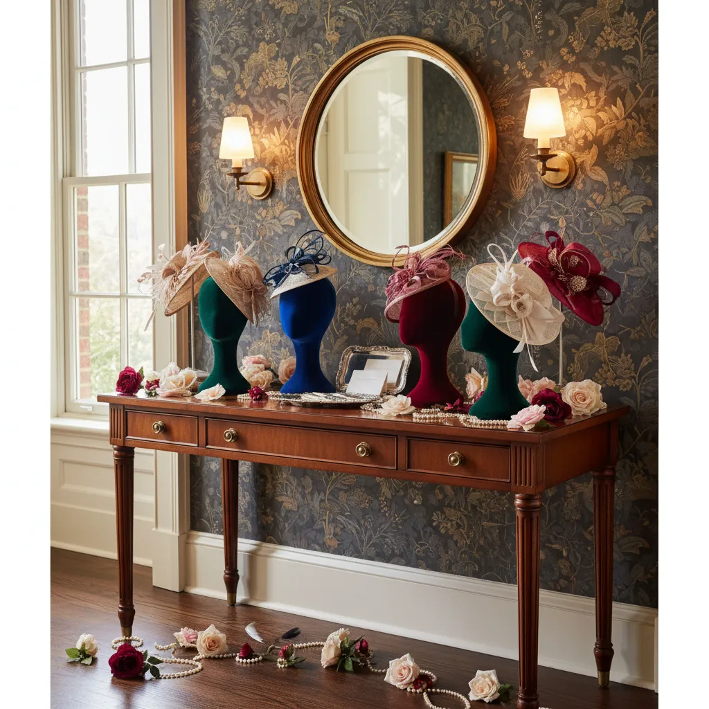 A luxurious entryway console table styled with velvet hat stands and brass mirrors for a Kentucky Derby party