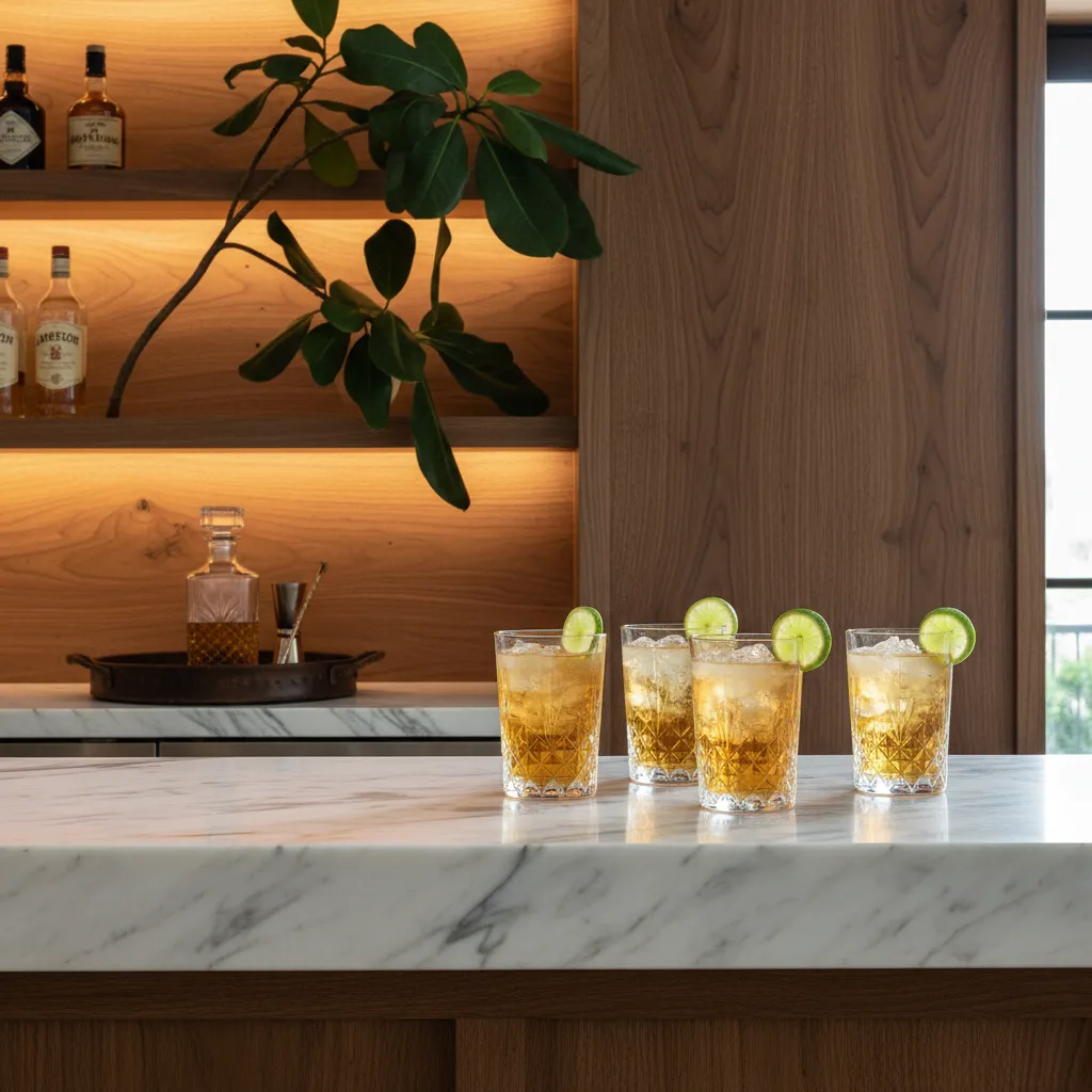 Elegant home bar featuring crystal highball glasses with Jameson ginger and lime cocktails