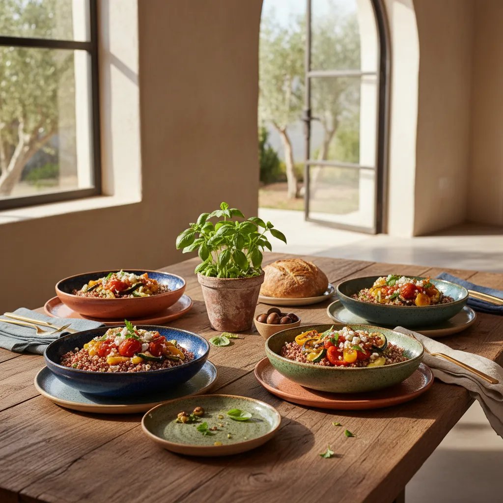 Elegant Mediterranean quinoa bowls on a rustic wooden dining table with warm lighting