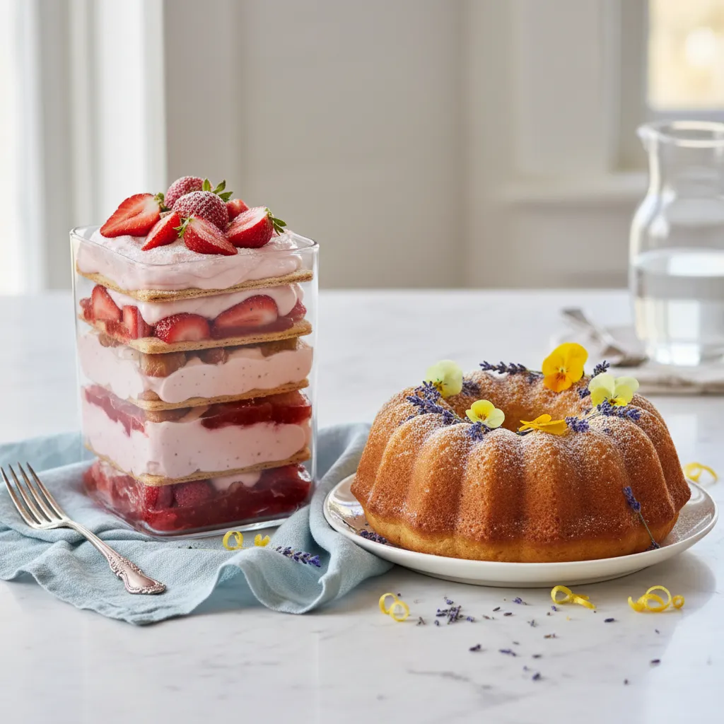 Elegant strawberry icebox cake and lemon lavender bundt cake for Mother Day dessert recipes.