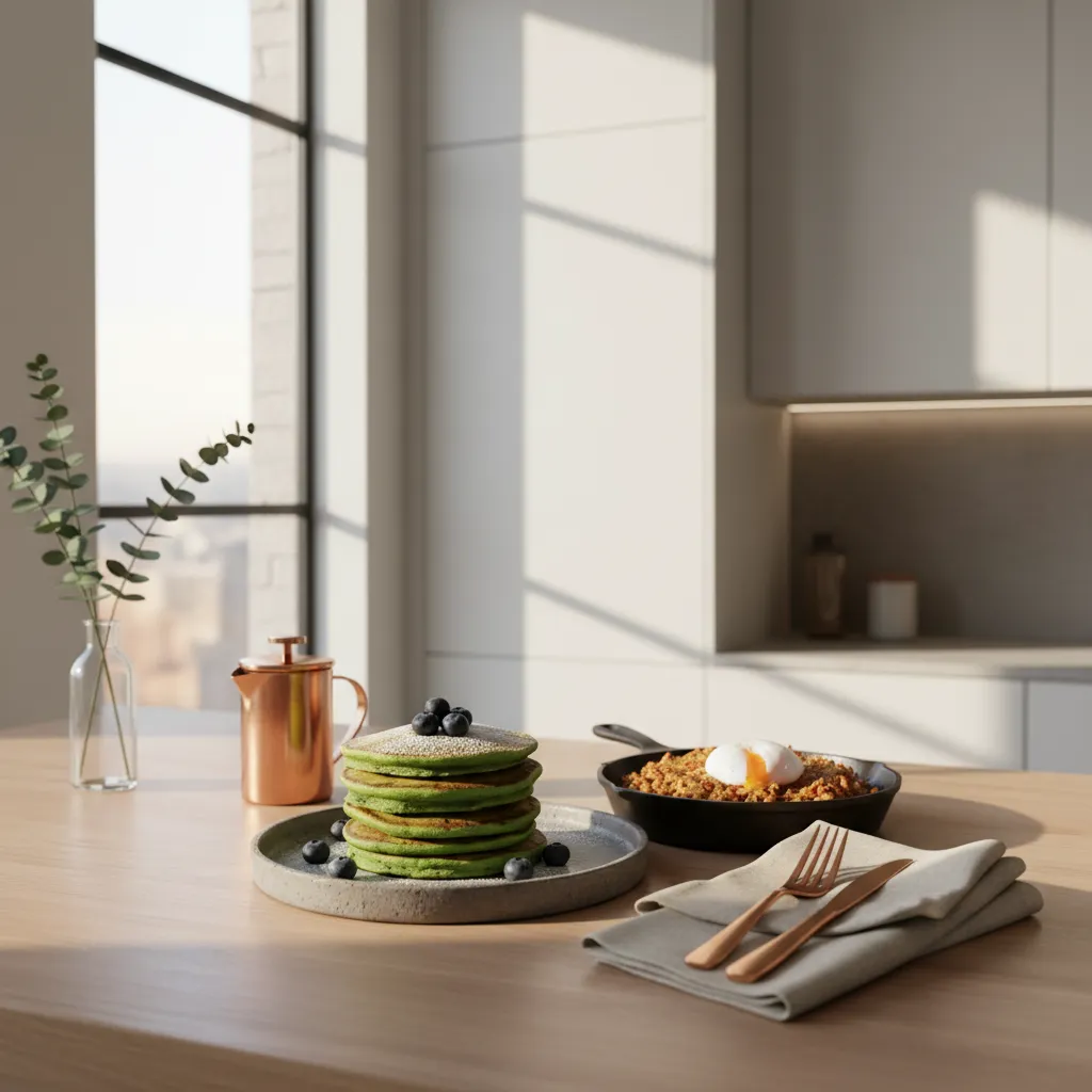 Elevated St Patrick’s Day Breakfast with green pancakes and corned beef hash on a modern kitchen counter.