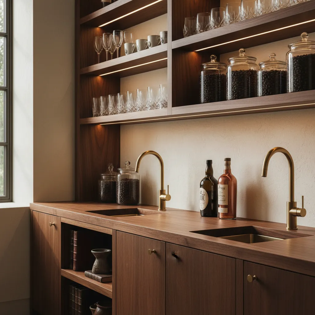 Elegant home coffee bar with walnut wood countertops and brass fixtures for making drinks