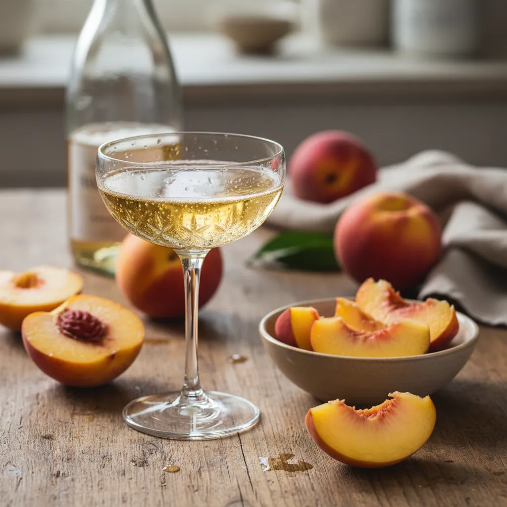 Sparkling cider poured near fresh peaches on a kitchen counter