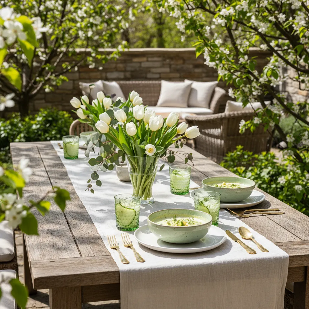 Outdoor dining table set with linen runners and green glassware for a spring lunch