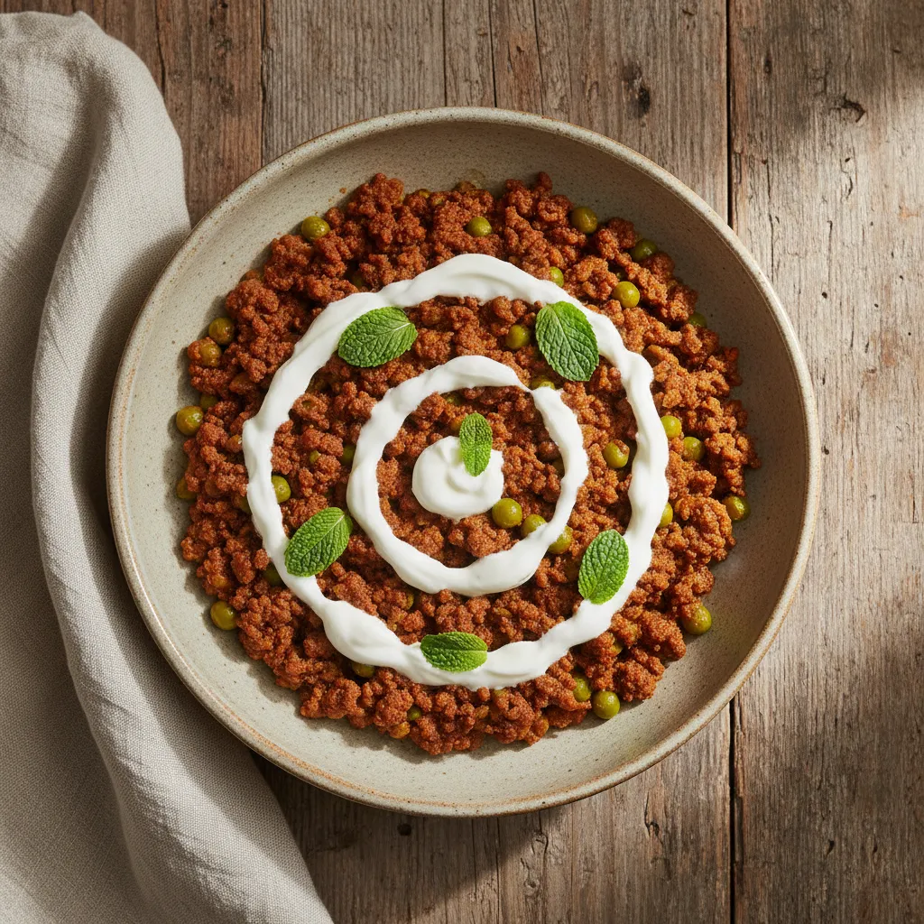 Bowl of ground beef keema with green peas and yogurt garnish on a rustic table