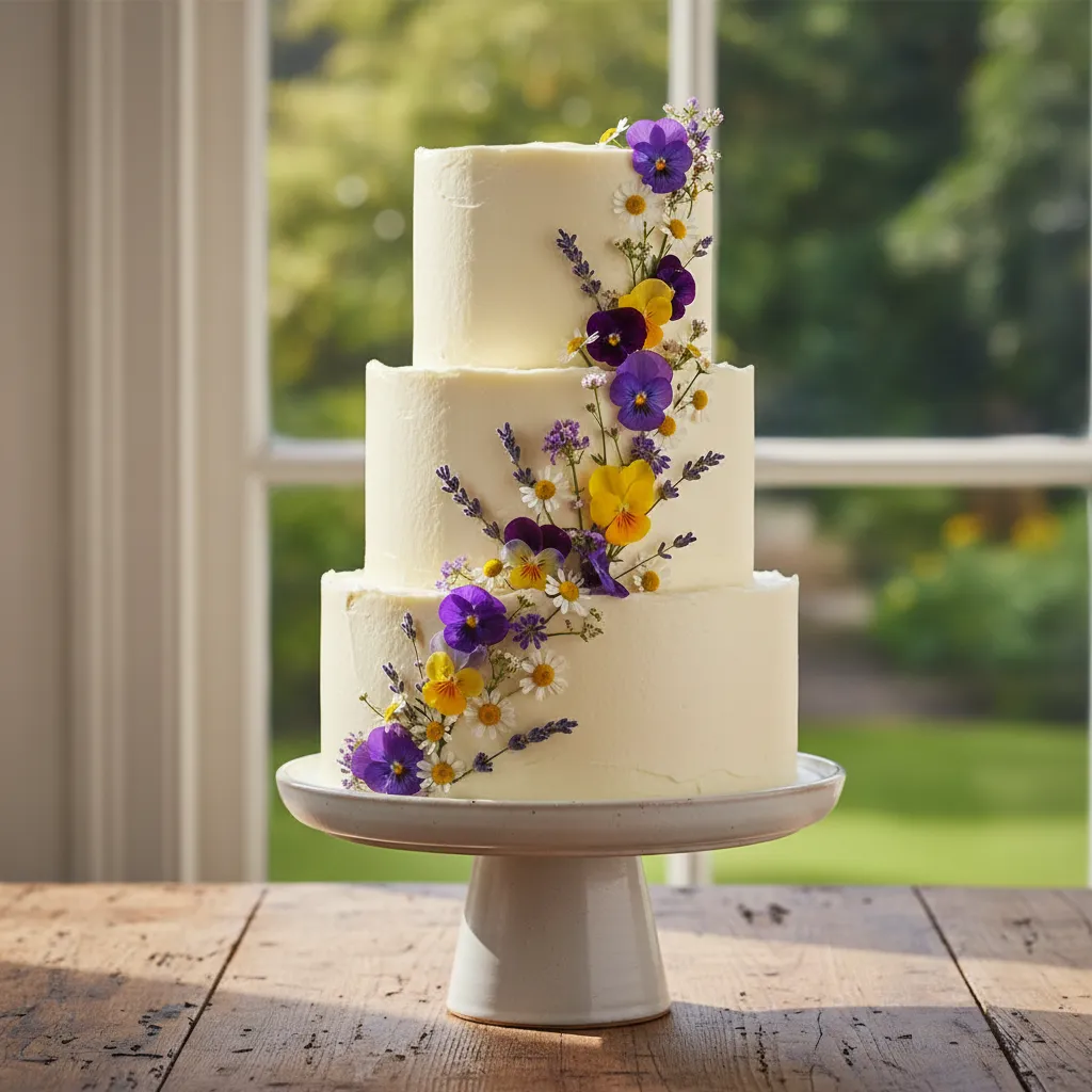 A sophisticated spring birthday cake featuring pressed edible flowers and a watercolor buttercream finish on a ceramic stand.
