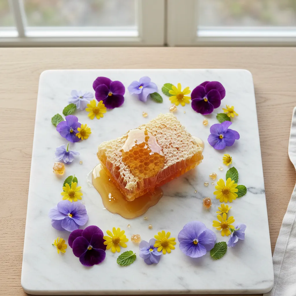 Raw honeycomb block on a marble platter surrounded by edible spring flowers