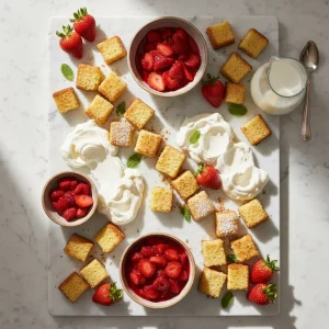 A sophisticated deconstructed strawberry shortcake dessert board on white marble with fresh berries and whipped cream.