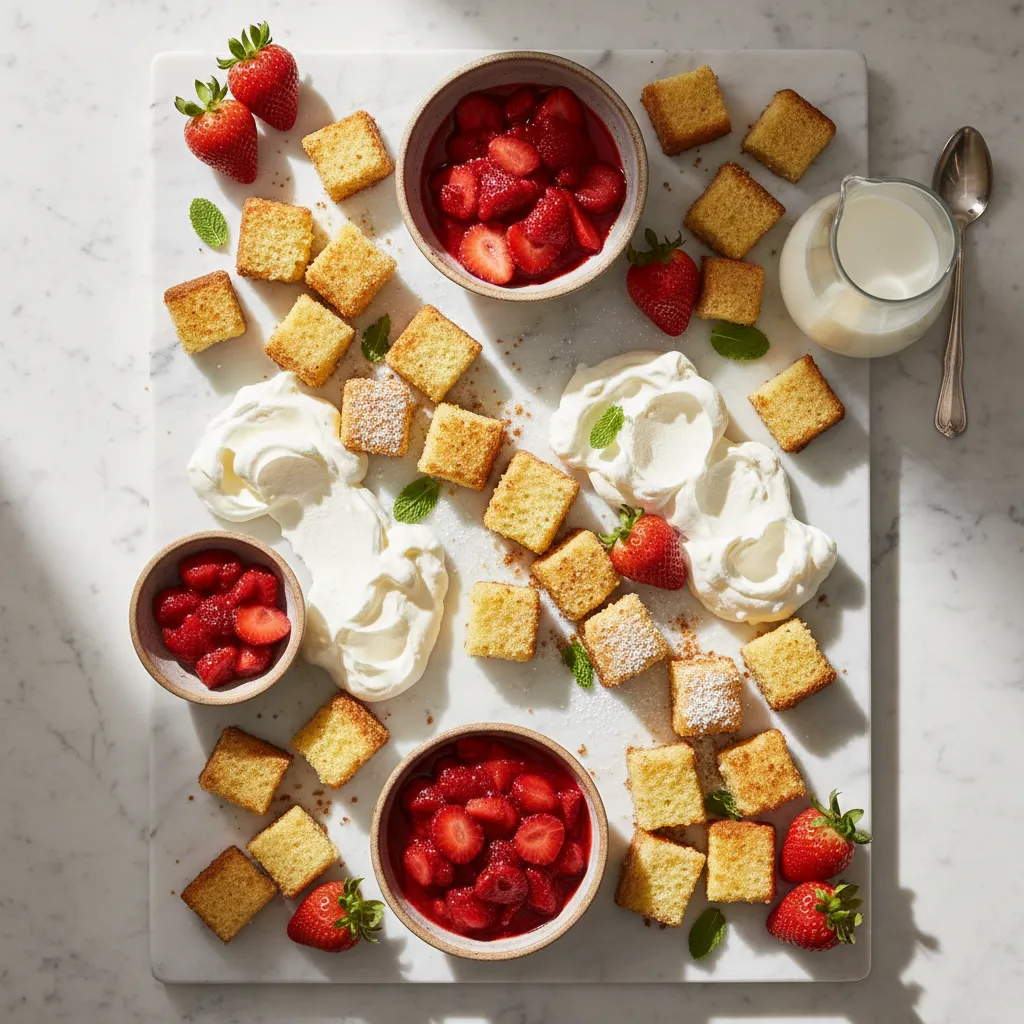 A sophisticated deconstructed strawberry shortcake dessert board on white marble with fresh berries and whipped cream.