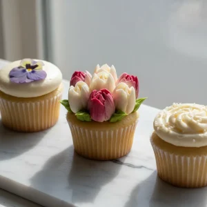 Close-up of elegant cupcakes featuring buttercream tulips and pressed edible flowers, showcasing spring cupcakes decoration ideas.