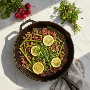 A cast-iron skillet featuring lemon-garlic ground beef and fresh green asparagus on a marble surface.
