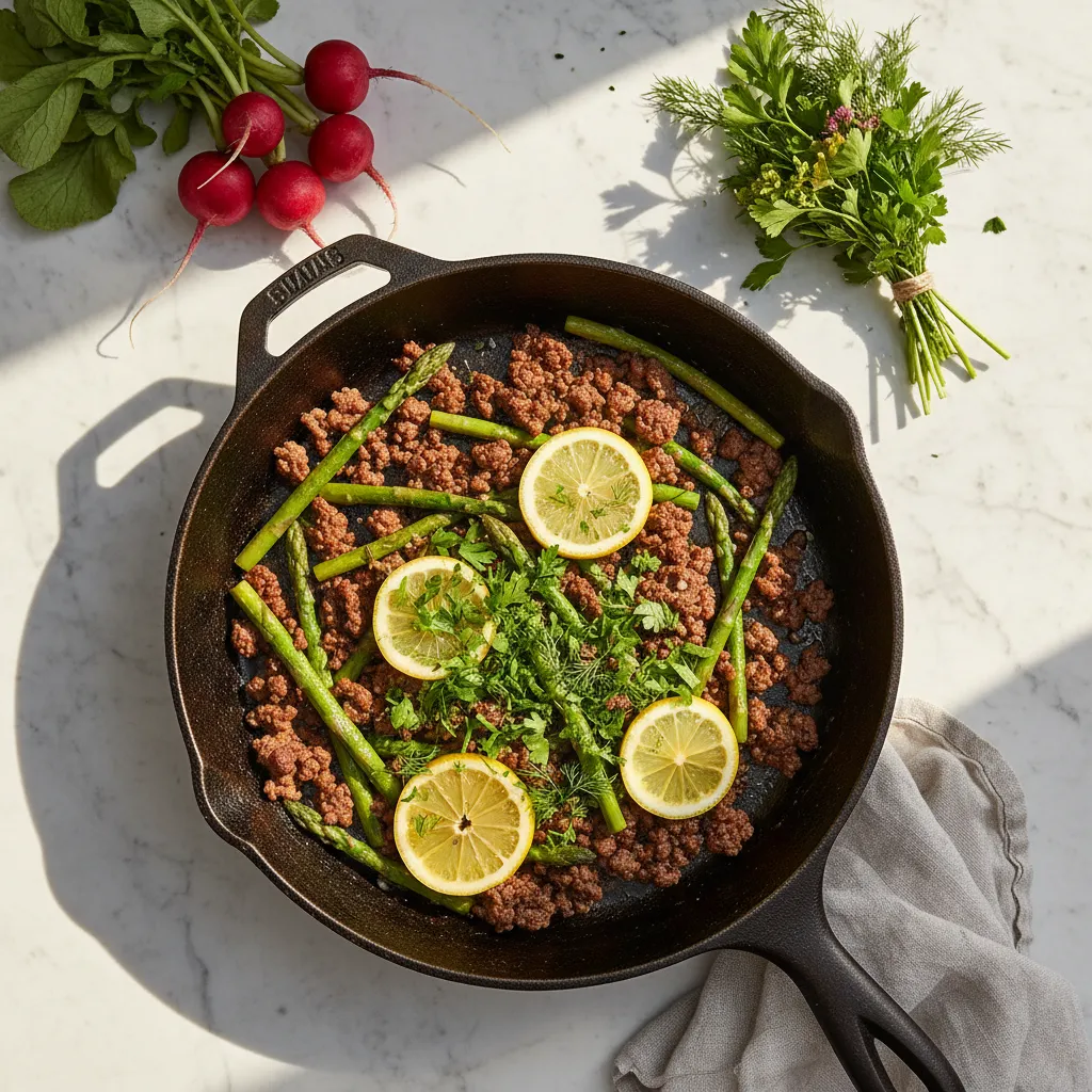 A cast-iron skillet featuring lemon-garlic ground beef and fresh green asparagus on a marble surface.