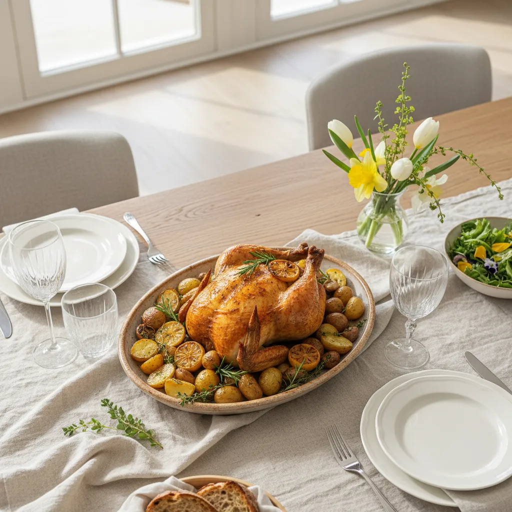 Elegant spring table setting with roasted chicken platter