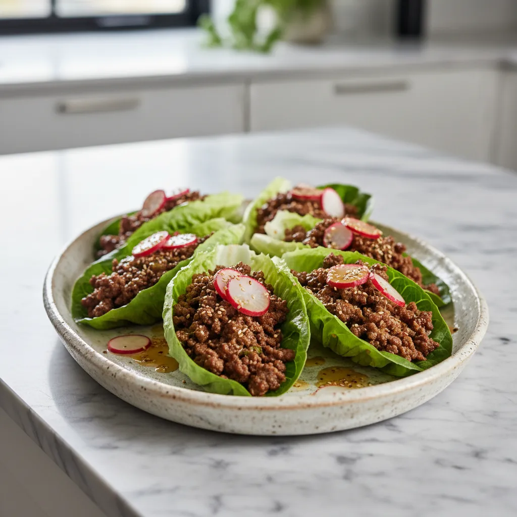Ceramic platter with ground beef lettuce wraps topped with sliced radishes and sesame seeds