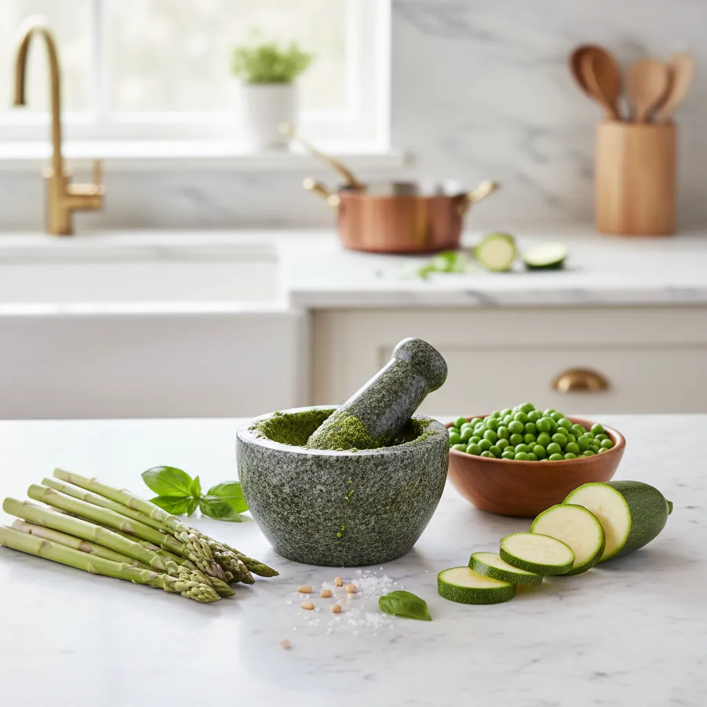 Fresh asparagus peas and zucchini on marble counter for spring soup