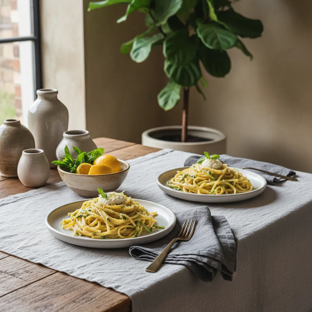 A styled rustic dining table with stoneware plates and linen napkins