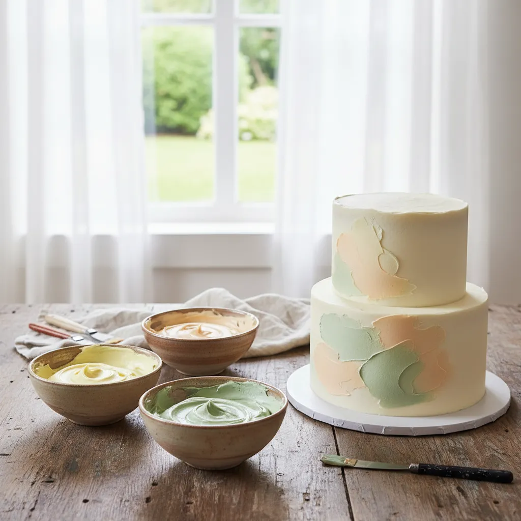 Bowls of pastel yellow peach and green frosting prepared for cake decorating