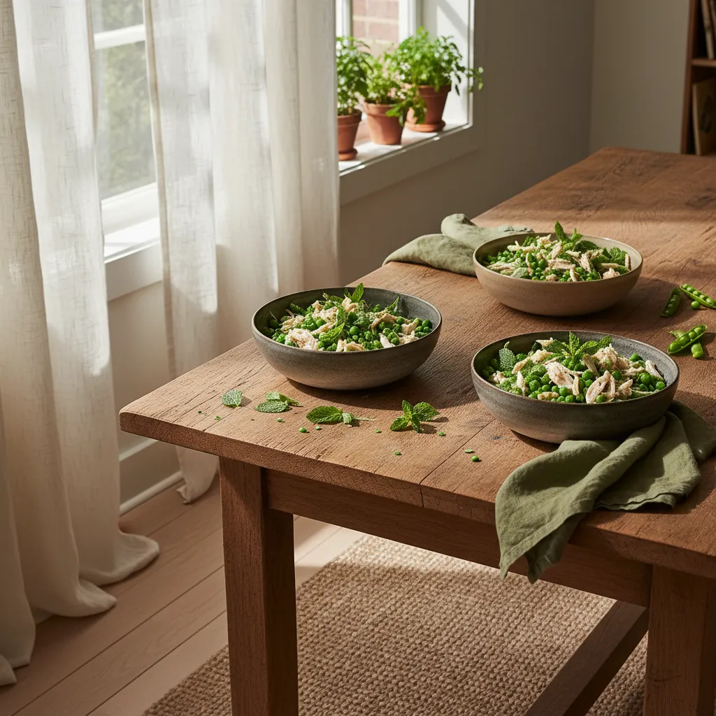 Vibrant spring pea and mint shredded chicken salad served on a rustic oak dining table in a sunlit room