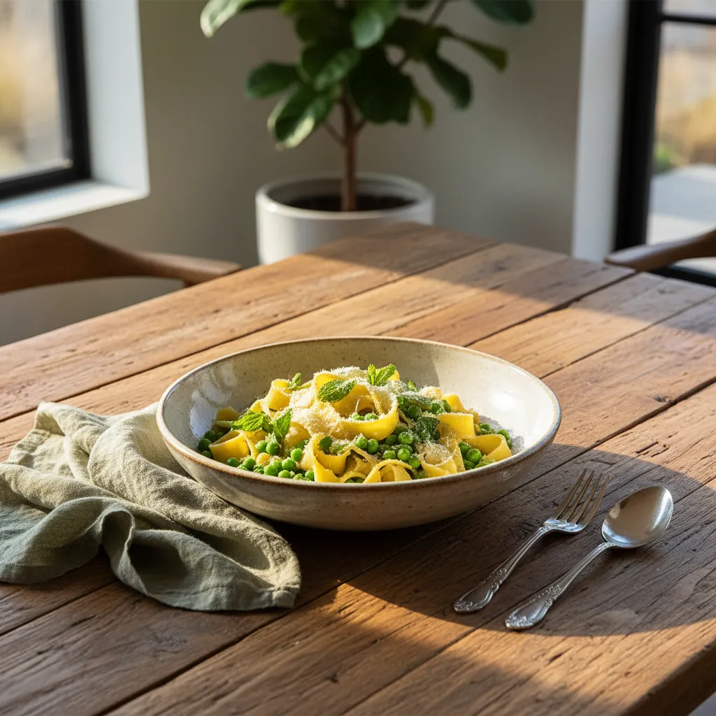 Vibrant green pea and mint pappardelle served in a rustic ceramic bowl on a wooden table