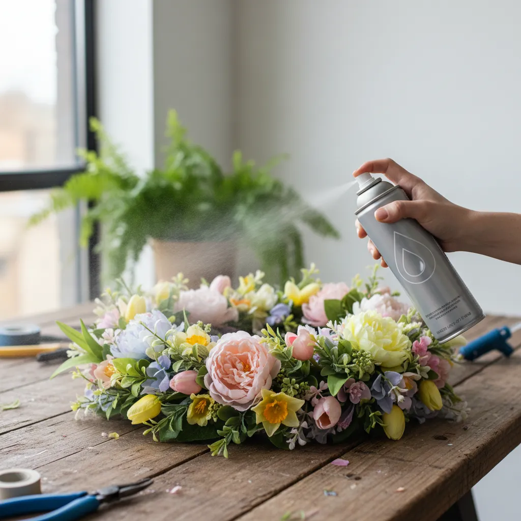 Applying UV sealant to a DIY spring floral wreath