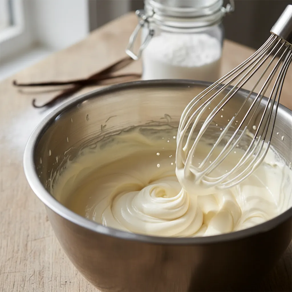 Whisking mascarpone into heavy cream for stable frosting