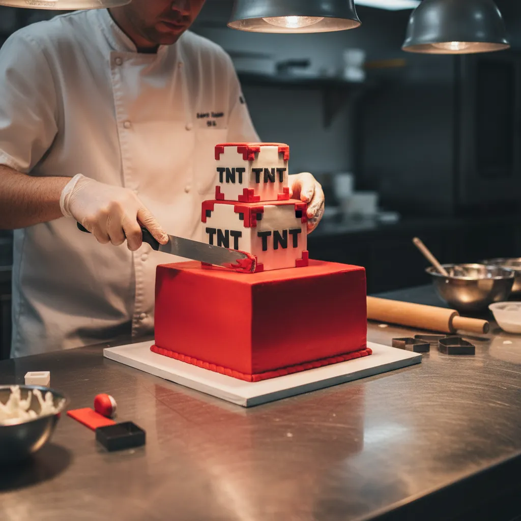Close up of stacking geometric square cake tiers in a modern kitchen