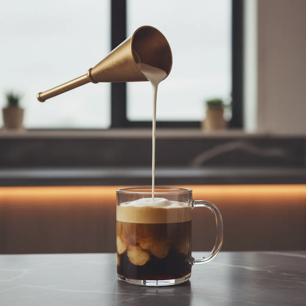 Pouring cream over an Irish coffee in a beautiful glass mug on a marble counter
