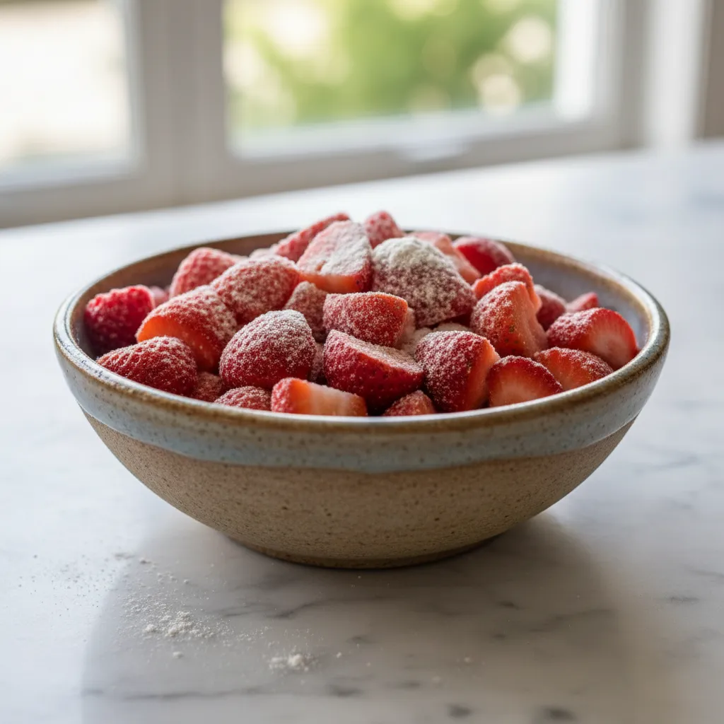 Diced strawberries coated in flour in a ceramic prep bowl