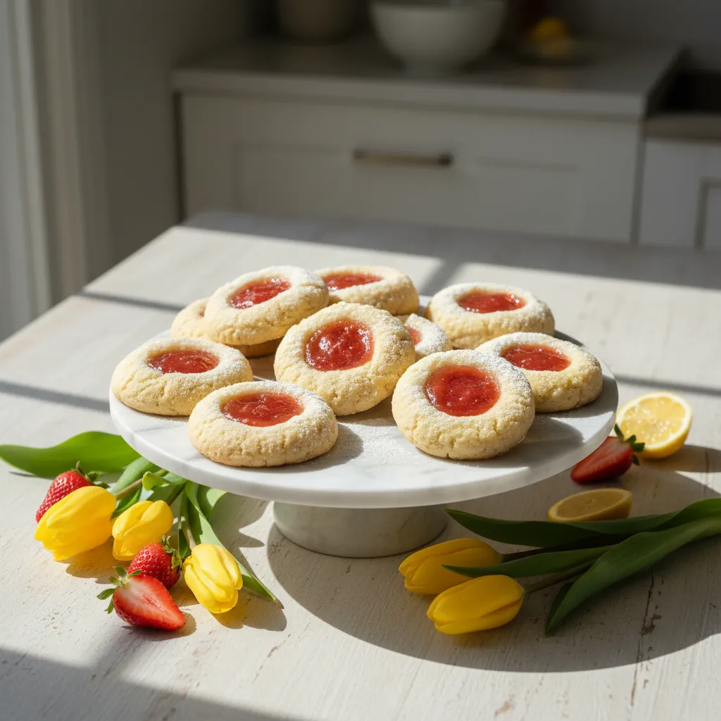 Zesty strawberry lemonade thumbprint cookies displayed on a marble pedestal for Easter brunch